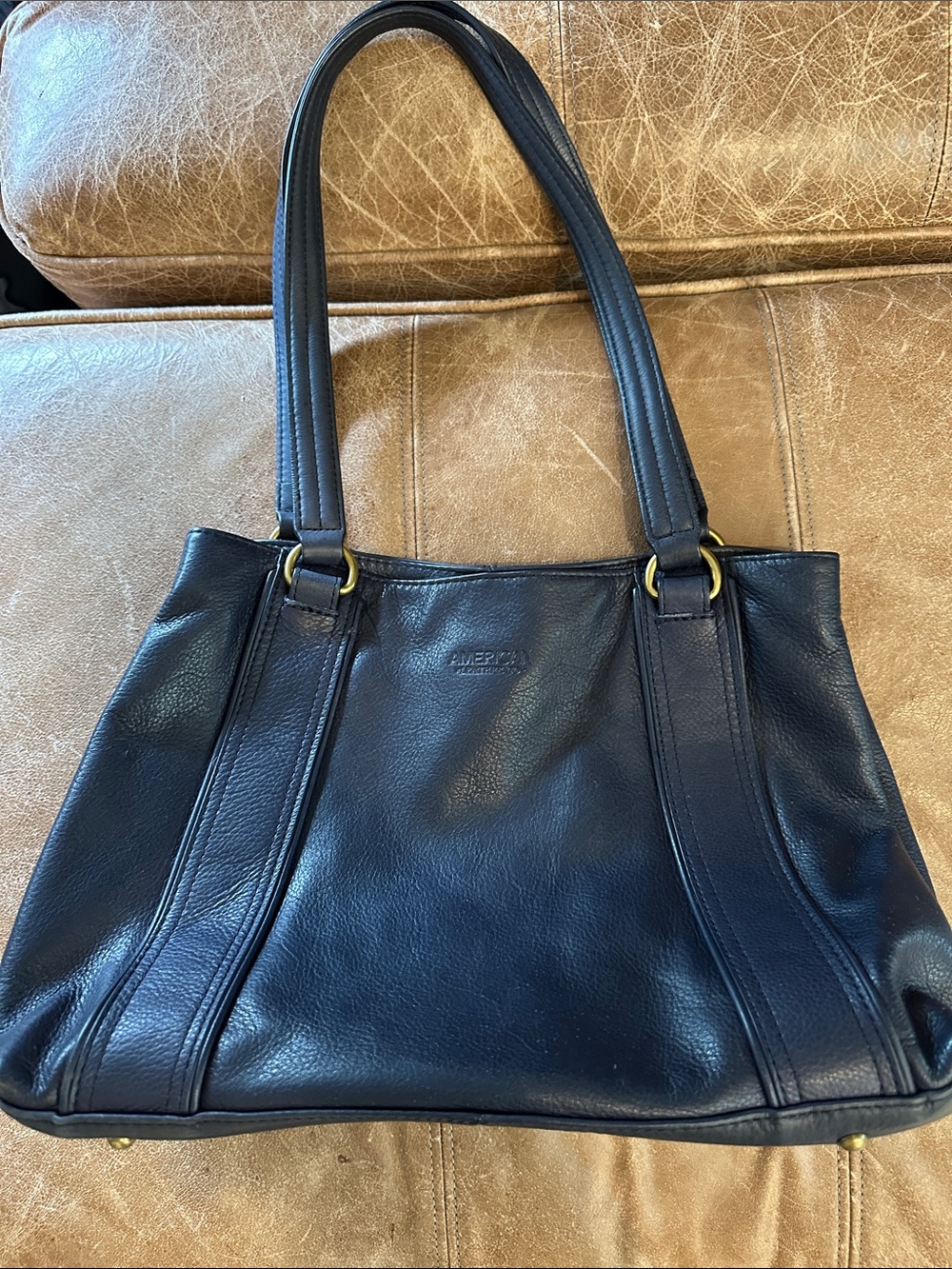 Navy Leather Shoulder Bag with Double Straps
